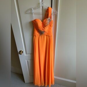 Orange One-Shoulder Tony Bowls Gown with Rhinestones